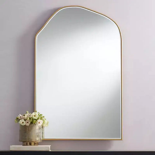 Arch Top Vanity Wall Mirror – Beveled Glass, Gold Wood Frame, 26" Wide