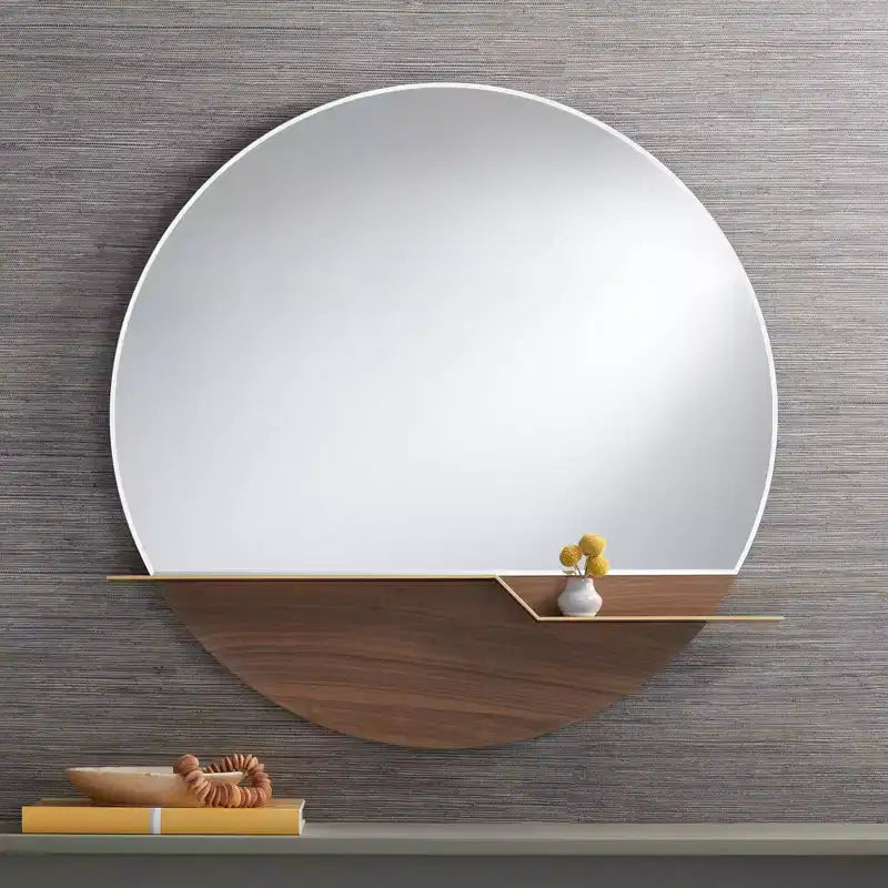 Loft Round Vanity Wall Mirror with Gold Shelf – Beveled Glass, Brown Wood Frame, 31.5" Wide