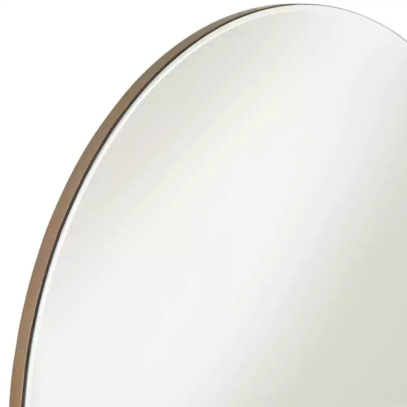 Loft Round Vanity Wall Mirror with Gold Shelf – Beveled Glass, Brown Wood Frame, 31.5" Wide