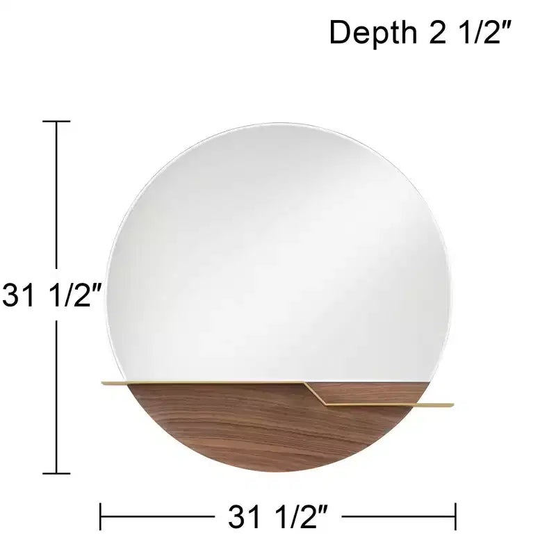 Loft Round Vanity Wall Mirror with Gold Shelf – Beveled Glass, Brown Wood Frame, 31.5" Wide