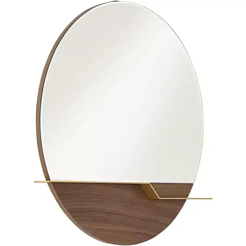 Loft Round Vanity Wall Mirror with Gold Shelf – Beveled Glass, Brown Wood Frame, 31.5" Wide
