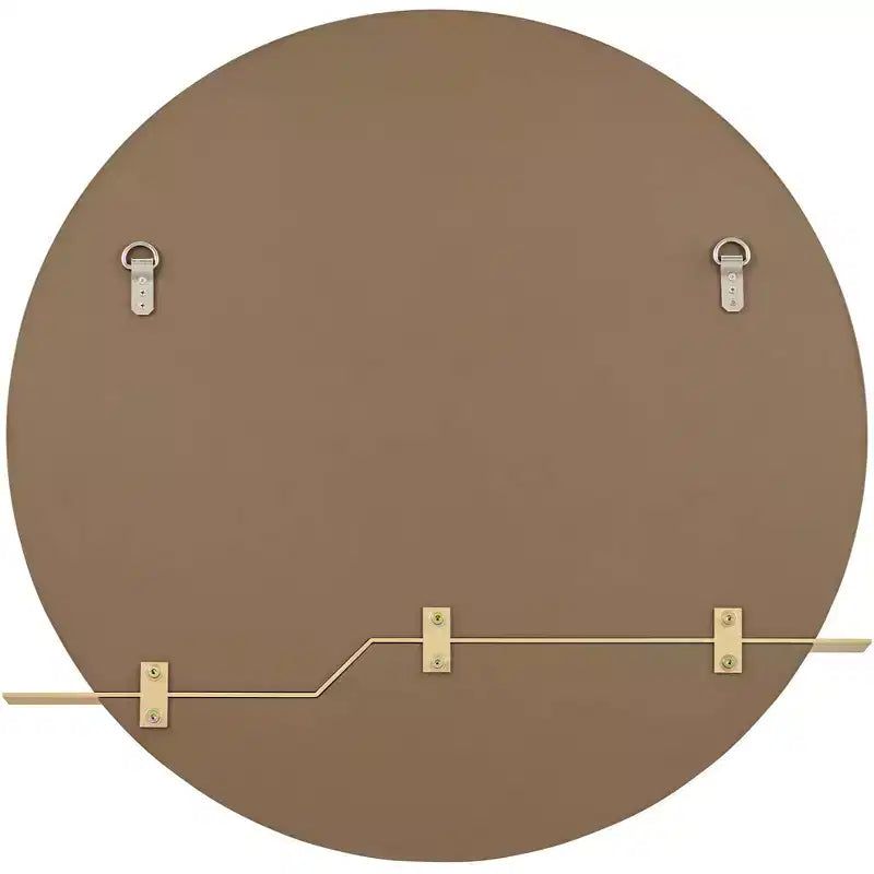 Loft Round Vanity Wall Mirror with Gold Shelf – Beveled Glass, Brown Wood Frame, 31.5" Wide