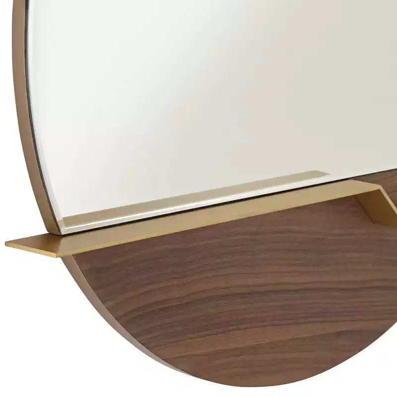 Loft Round Vanity Wall Mirror with Gold Shelf – Beveled Glass, Brown Wood Frame, 31.5" Wide
