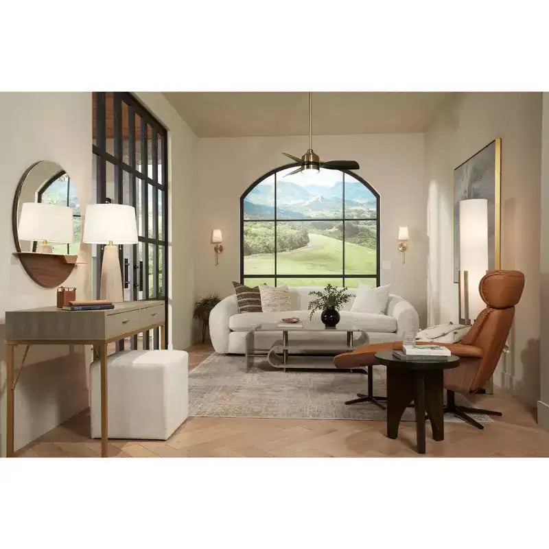 Loft Round Vanity Wall Mirror with Gold Shelf – Beveled Glass, Brown Wood Frame, 31.5" Wide