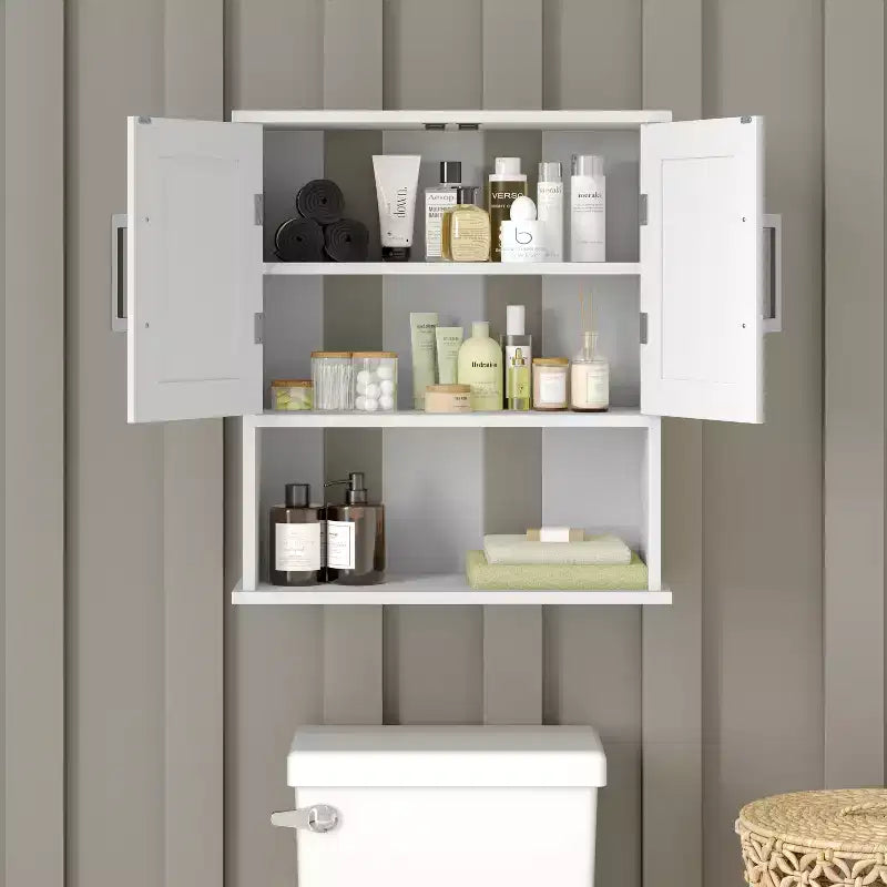 Mobiletto da Bagno da Parete con Mensola Regolabile, Doppie Ante Magnetiche, Mensola Espositiva