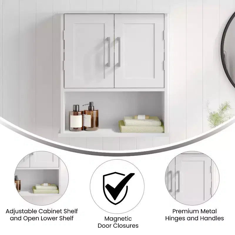 Mobiletto da Bagno da Parete con Mensola Regolabile, Doppie Ante Magnetiche, Mensola Espositiva