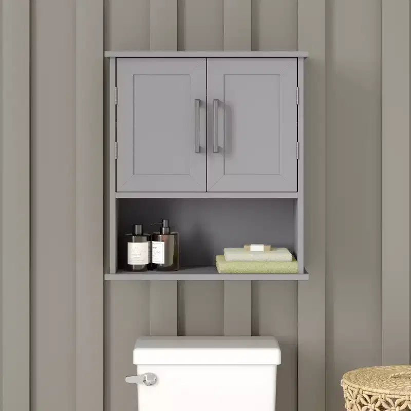 Mobiletto da Bagno da Parete con Mensola Regolabile, Doppie Ante Magnetiche, Mensola Espositiva