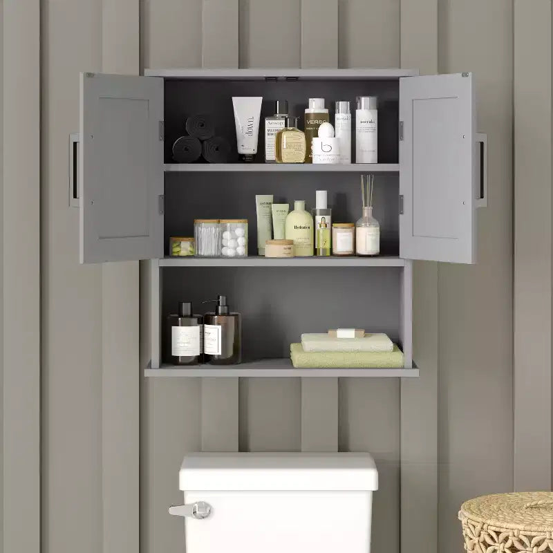 Mobiletto da Bagno da Parete con Mensola Regolabile, Doppie Ante Magnetiche, Mensola Espositiva