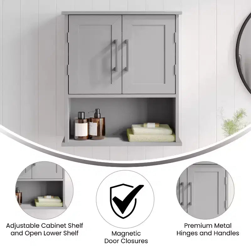 Mobiletto da Bagno da Parete con Mensola Regolabile, Doppie Ante Magnetiche, Mensola Espositiva