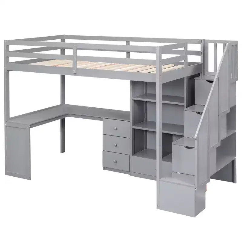 Hochbett in Twin-Größe mit L-förmigem Schreibtisch, 3 Schubladen, Schrank und Stauraum in der Treppe, Konstruktion aus massivem Kiefernholz/MDF