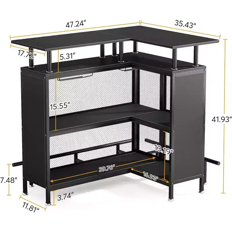 2-Tier L-Shaped Home Bar Unit – Stemware Racks, Open Shelves, Metal Mesh