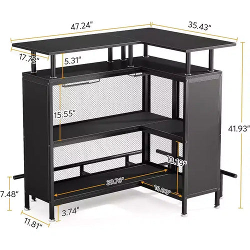 2-Tier L-Shaped Home Bar Unit – Stemware Racks, Open Shelves, Metal Mesh