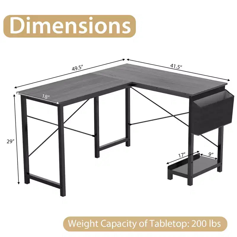 Reversible L-Shaped Computer Desk – Storage Bag, Host Stand, Dark Gray