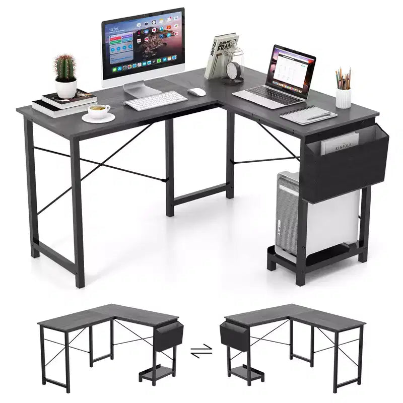 Reversible L-Shaped Computer Desk – Storage Bag, Host Stand, Dark Gray