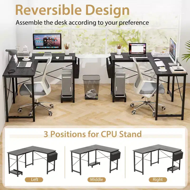 Reversible L-Shaped Computer Desk – Storage Bag, Host Stand, Dark Gray