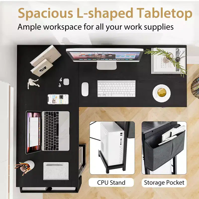 Reversible L-Shaped Computer Desk – Storage Bag, Host Stand, Dark Gray