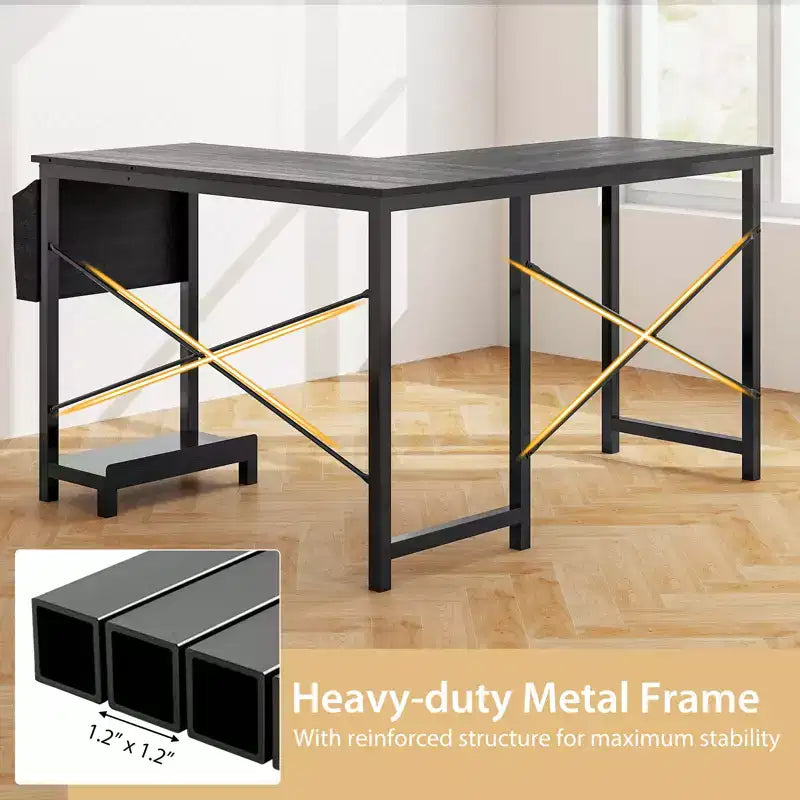 Reversible L-Shaped Computer Desk – Storage Bag, Host Stand, Dark Gray