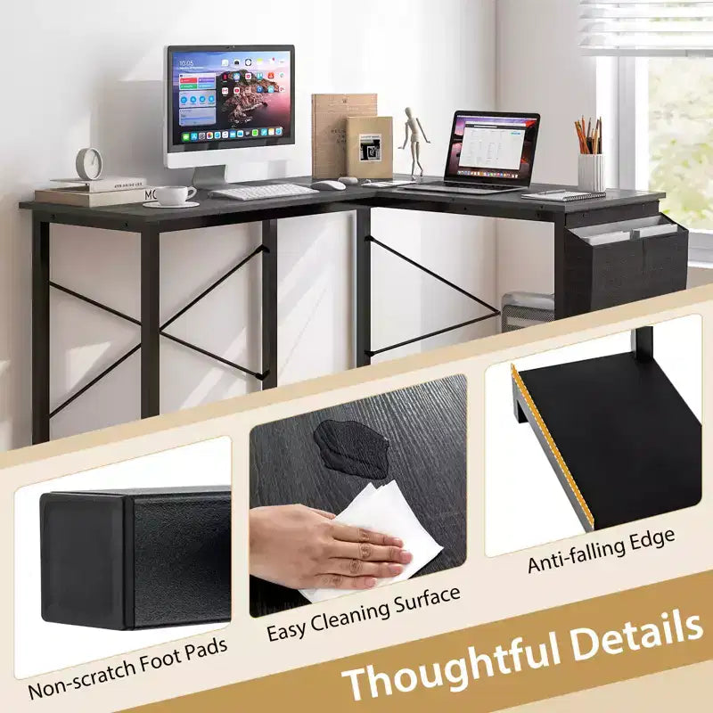 Reversible L-Shaped Computer Desk – Storage Bag, Host Stand, Dark Gray