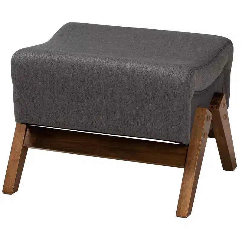 Mid-Century Modern Fabric Wood Ottoman – Bent Seat, Angled Legs, Foam Padded