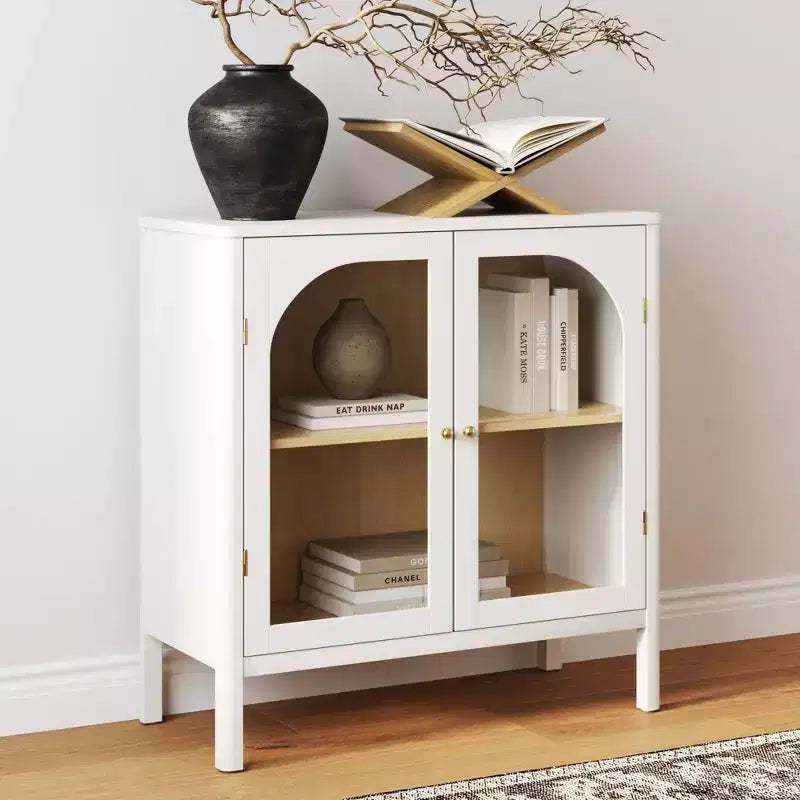 Wood and Glass Door Storage Cabinet – 2 Doors, Fixed Interior Shelf
