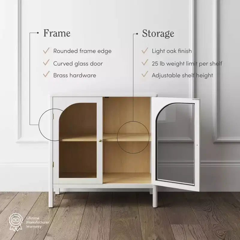 Wood and Glass Door Storage Cabinet – 2 Doors, Fixed Interior Shelf