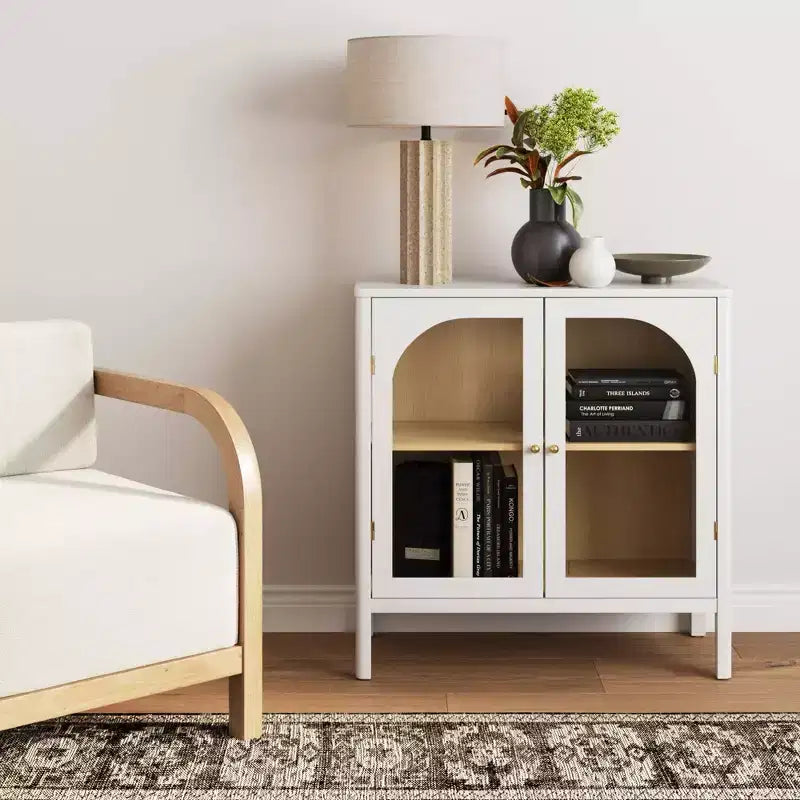 Wood and Glass Door Storage Cabinet – 2 Doors, Fixed Interior Shelf