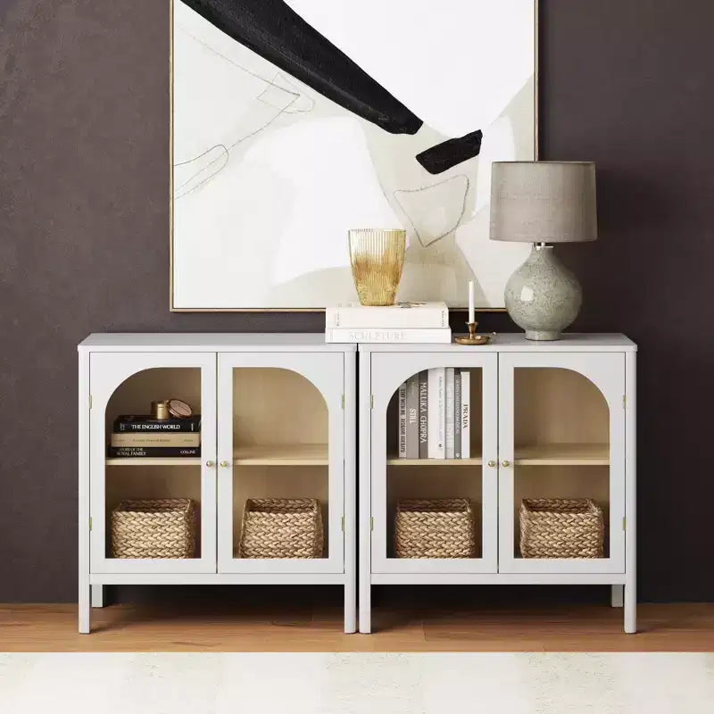 Wood and Glass Door Storage Cabinet – 2 Doors, Fixed Interior Shelf
