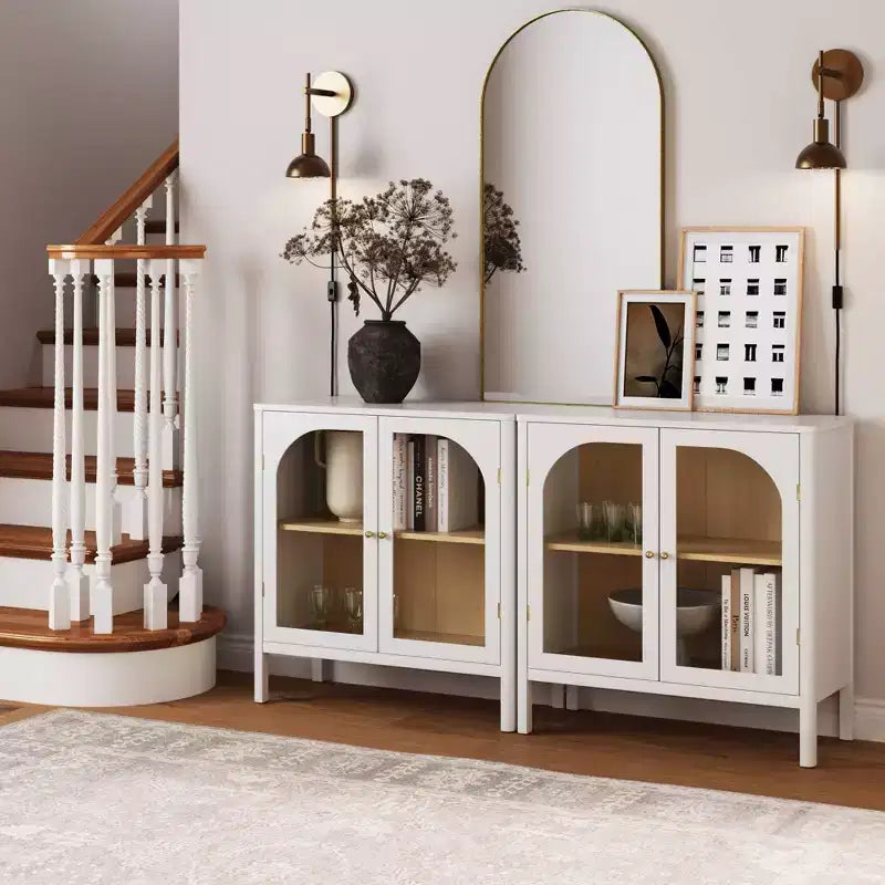 Wood and Glass Door Storage Cabinet – 2 Doors, Fixed Interior Shelf