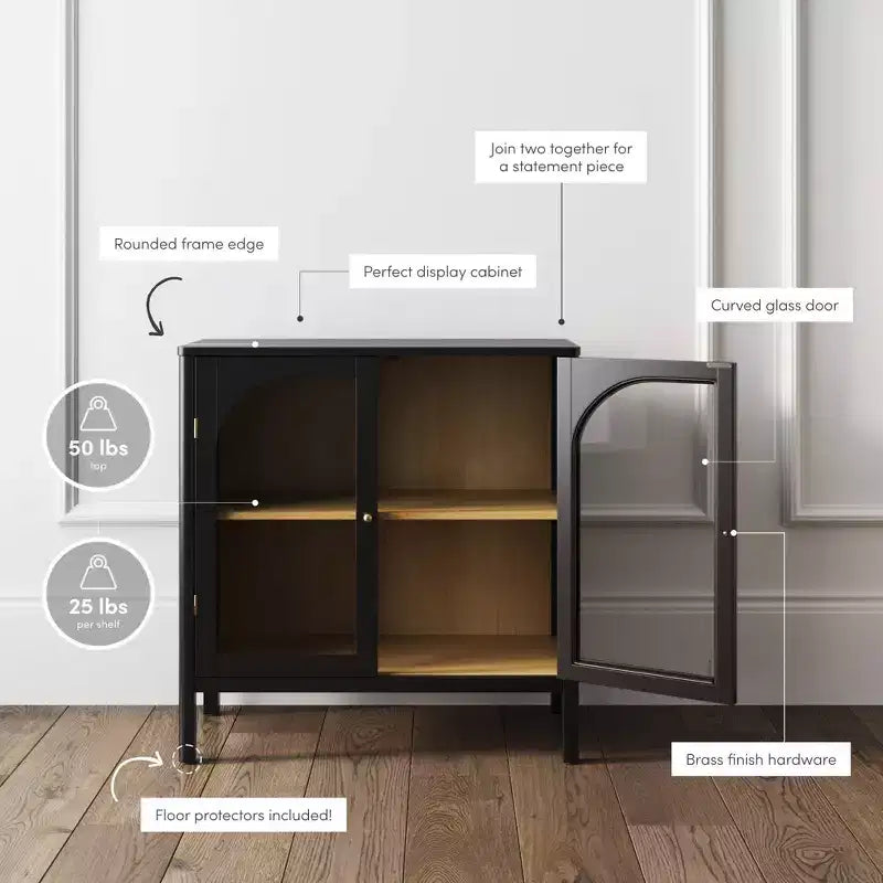 Wood and Glass Door Storage Cabinet – 2 Doors, Fixed Interior Shelf