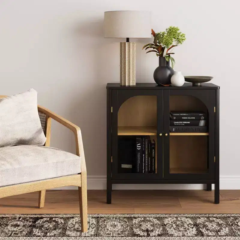 Wood and Glass Door Storage Cabinet – 2 Doors, Fixed Interior Shelf