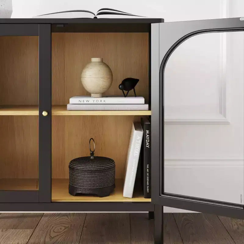 Wood and Glass Door Storage Cabinet – 2 Doors, Fixed Interior Shelf