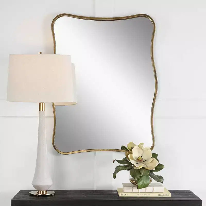 Antiqued Gold Curvy Vanity Wall Mirror, 28x36 – Iron Frame, Non-Beveled Glass