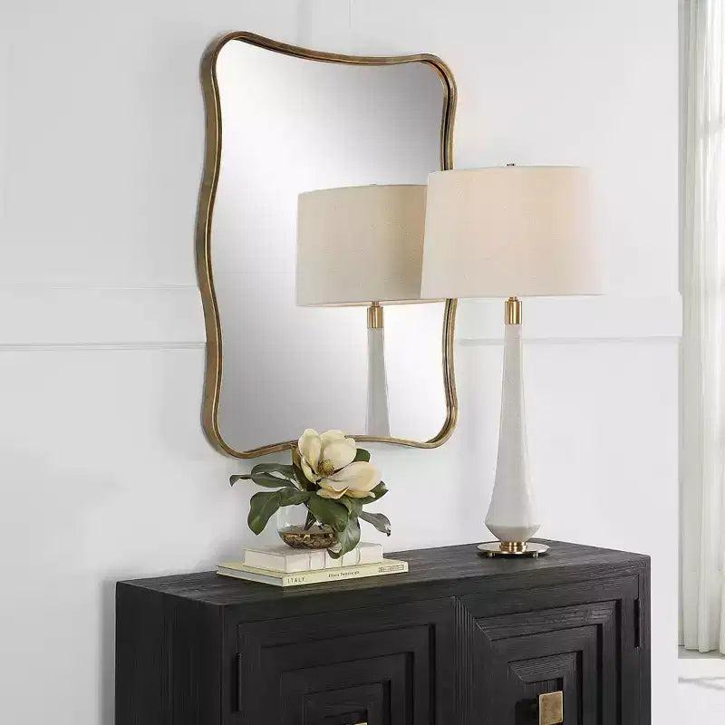 Antiqued Gold Curvy Vanity Wall Mirror, 28x36 – Iron Frame, Non-Beveled Glass