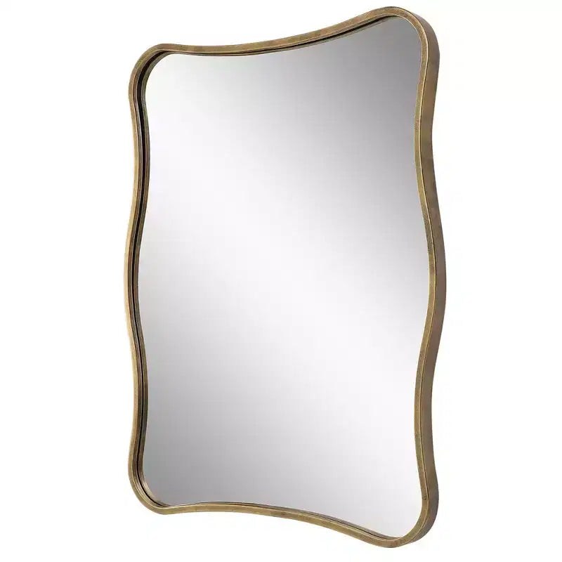 Antiqued Gold Curvy Vanity Wall Mirror, 28x36 – Iron Frame, Non-Beveled Glass