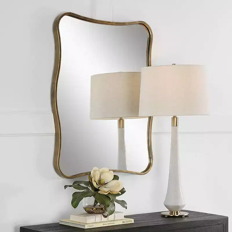 Antiqued Gold Curvy Vanity Wall Mirror, 28x36 – Iron Frame, Non-Beveled Glass