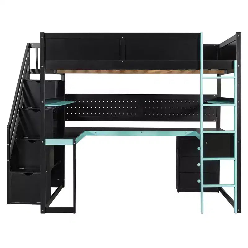 GDFStudio Scott Holz-Hochbett zum Spielen mit Stauraumtreppe, Schreibtisch, Regalen und Lochwand