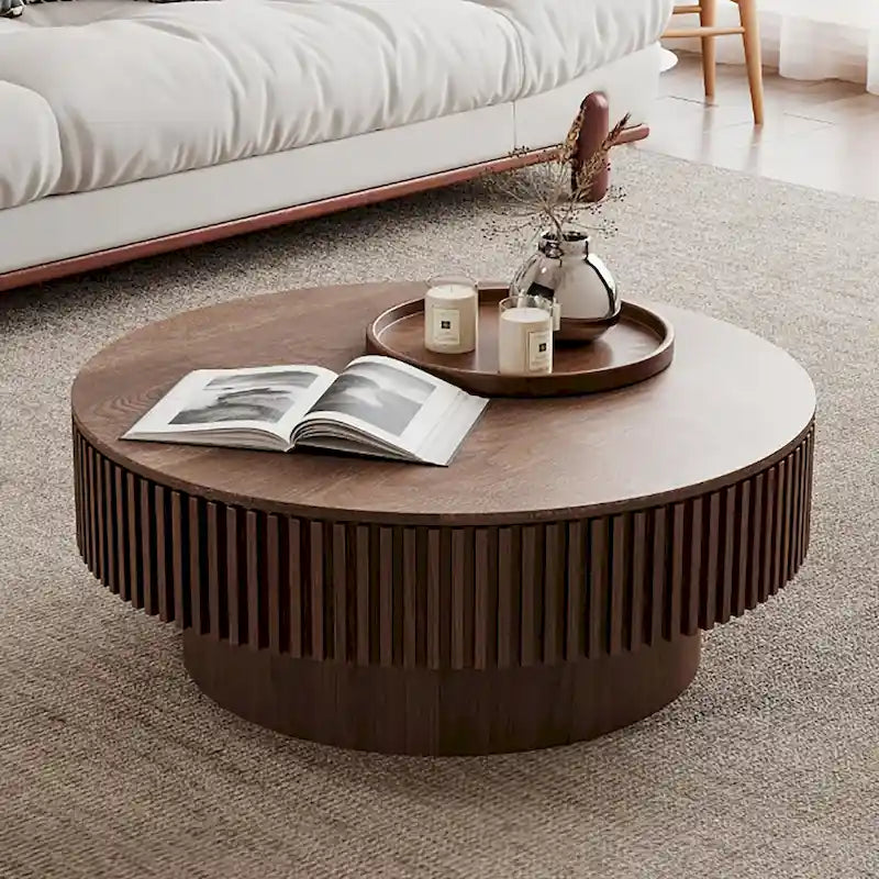 Table basse ronde moderne en bois massif plaqué avec rangement