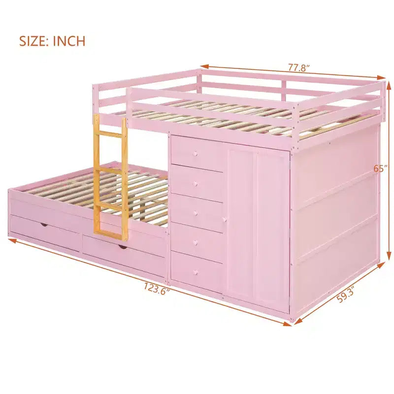 Stapelbed met twee volledige bedden, opbergkast en laden, houten ruimtebesparend stapelbed van volledig formaat met veiligheidshekje voor appartement of slaapkamer