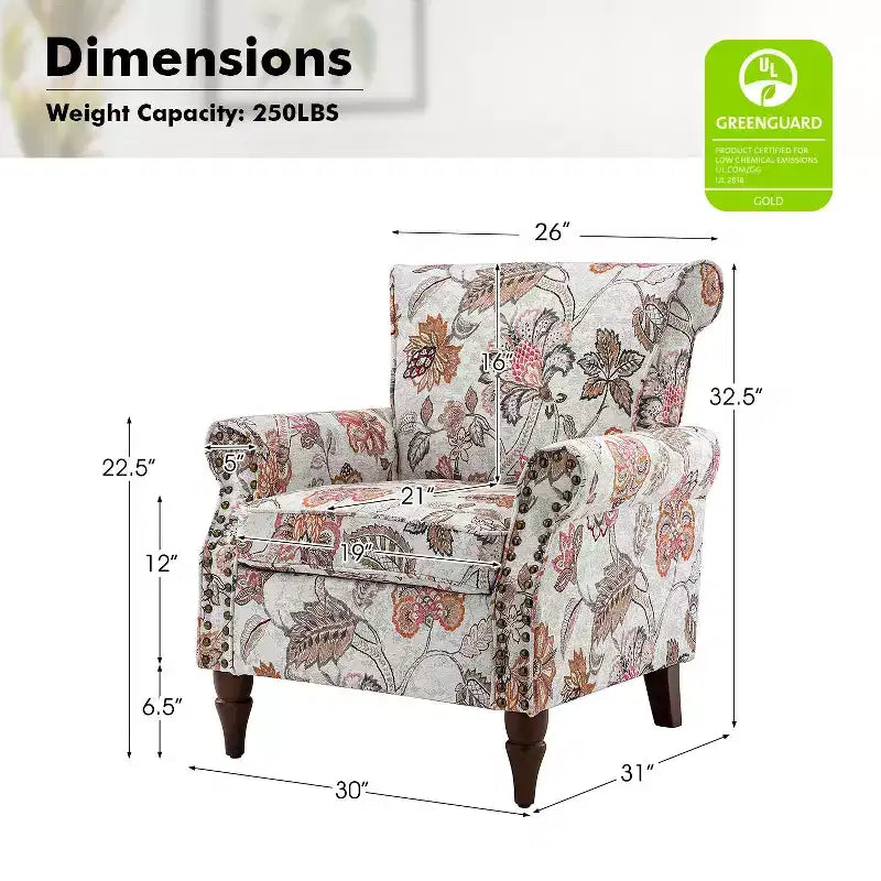 Sillón floral tradicional Araceli con estructura de madera, tapizado, respaldo alto con alas y acabado de tachuelas| ART OF LIVING DESIGNS