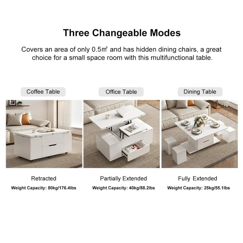 Table basse pliable à plateau relevable avec 4 tabourets et espace de rangement