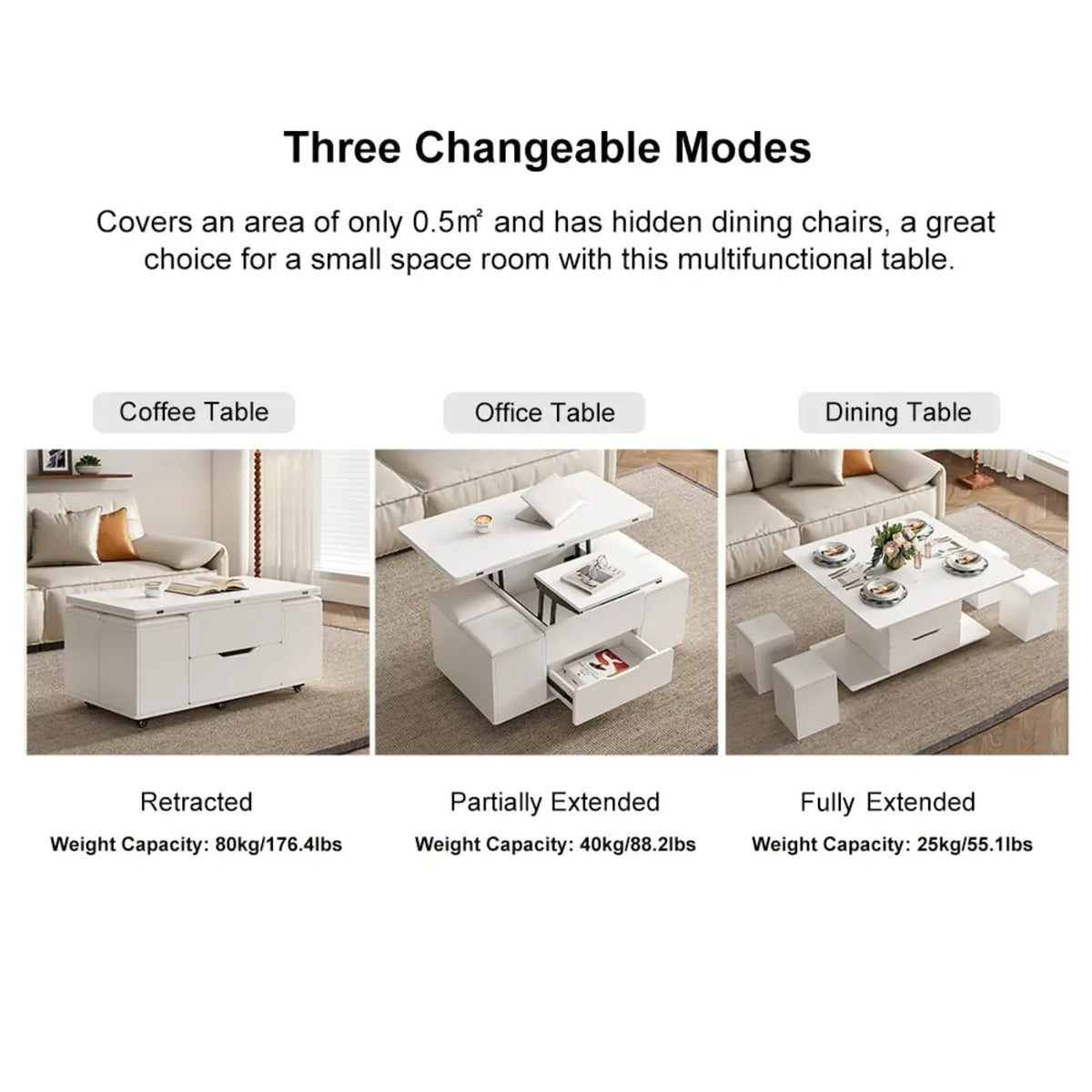 Table basse pliable à plateau relevable avec 4 tabourets et espace de rangement