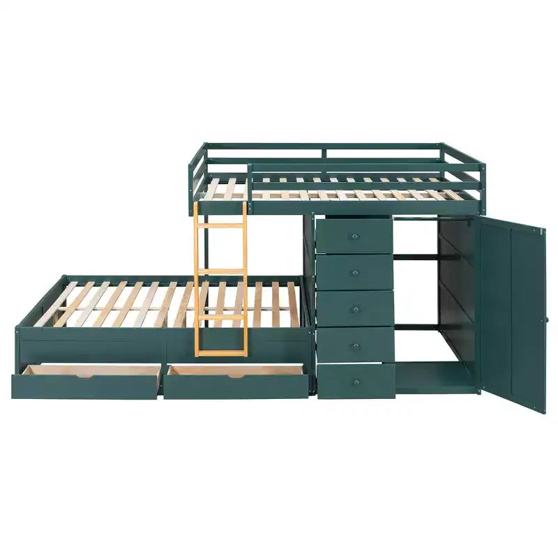 Stapelbed met twee volledige bedden, opbergkast en laden, houten ruimtebesparend stapelbed van volledig formaat met veiligheidshekje voor appartement of slaapkamer