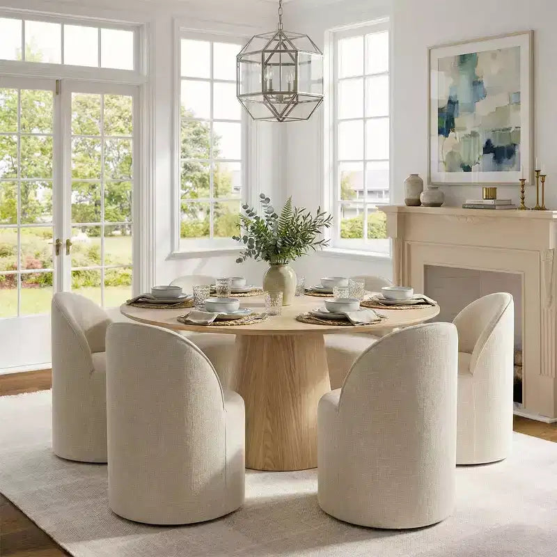 Modernes Esszimmer-Set für 6 Personen, runder Esstisch mit Säulenfuß, drehbare Fassstühle mit Rollen, Chenille-Strukturstoff – Panipeachy