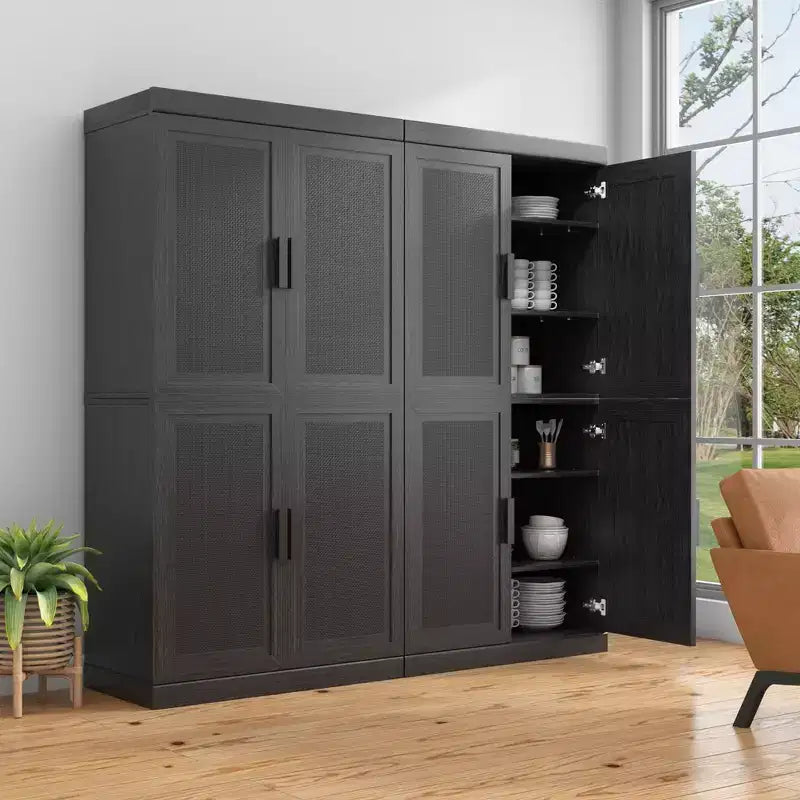 Credenza decorativa nera in vimini effetto legno alta 62 cm con anta e 12 ripiani
