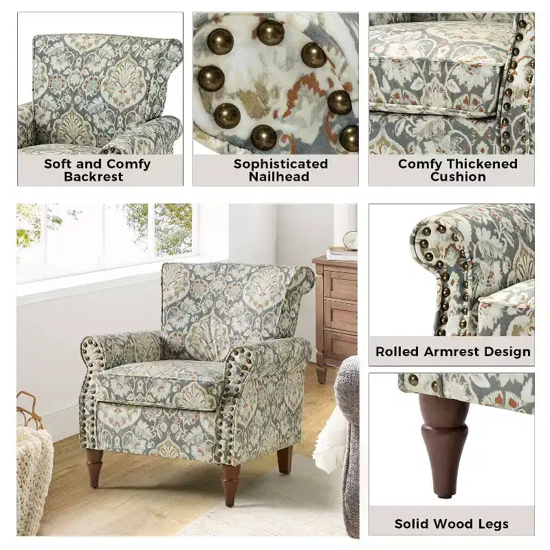 Sillón floral tradicional Araceli con estructura de madera, tapizado, respaldo alto con alas y acabado de tachuelas| ART OF LIVING DESIGNS