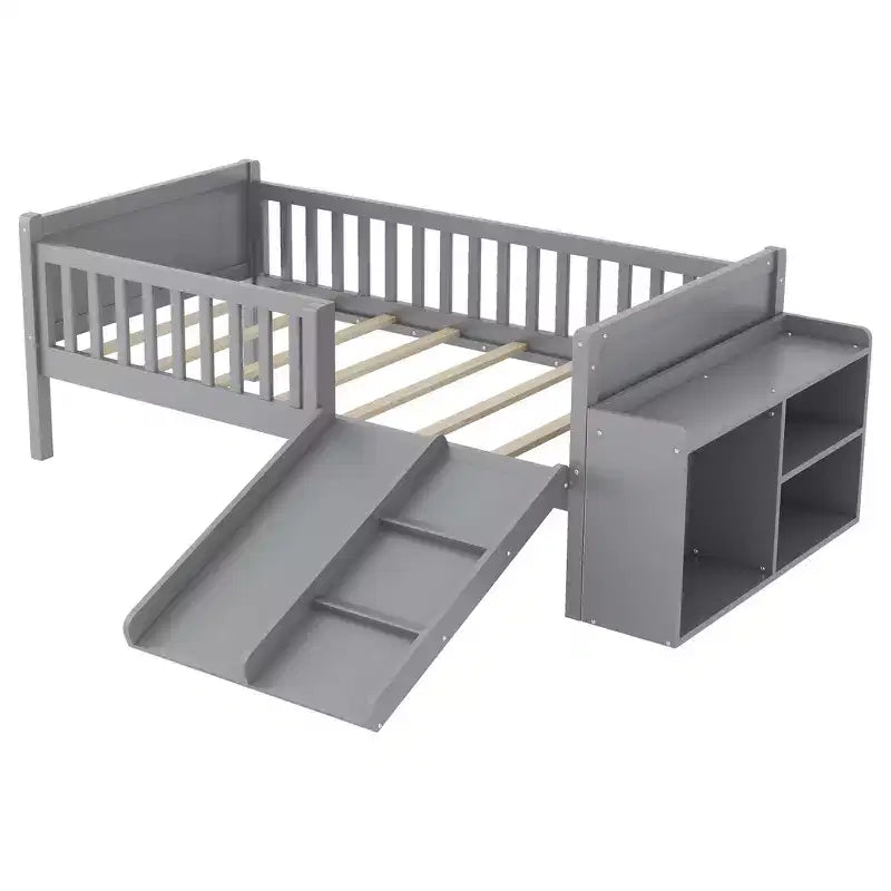 Whisen niedriges Hochbettgestell in Twin-Größe für Kinder mit Rutsche, verschiebbarem Bücherregal, Stauraum und Schutzgittern