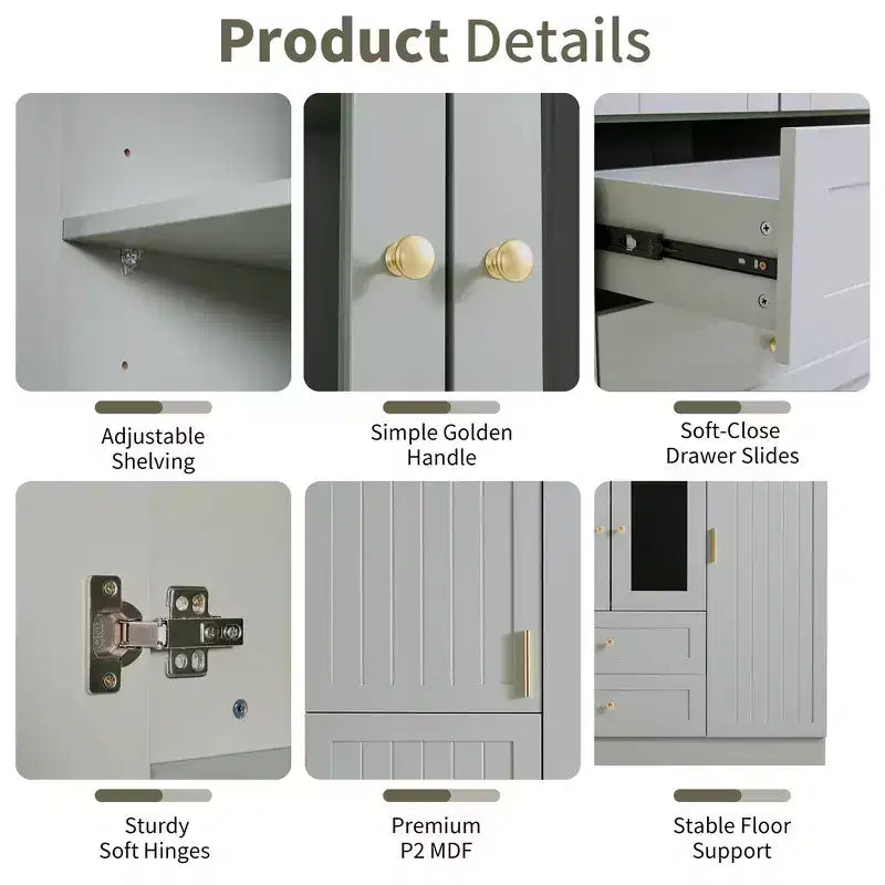 Garde-manger de cuisine autoportant Whisen de 180 cm de hauteur, grande armoire de rangement pour salle à manger avec 6 portes et étagères réglables