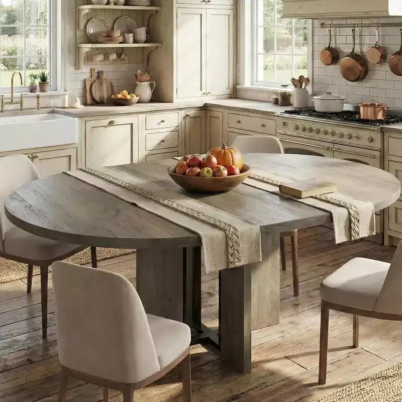 Ausziehbarer runder Esstisch, 47–63 Zoll, für 4–8 Personen, ausziehbarer Küchen- und Esstisch aus Holz im Landhausstil mit Metallgestell, oval, platzsparend für Wohnungen, Retro-Grau
