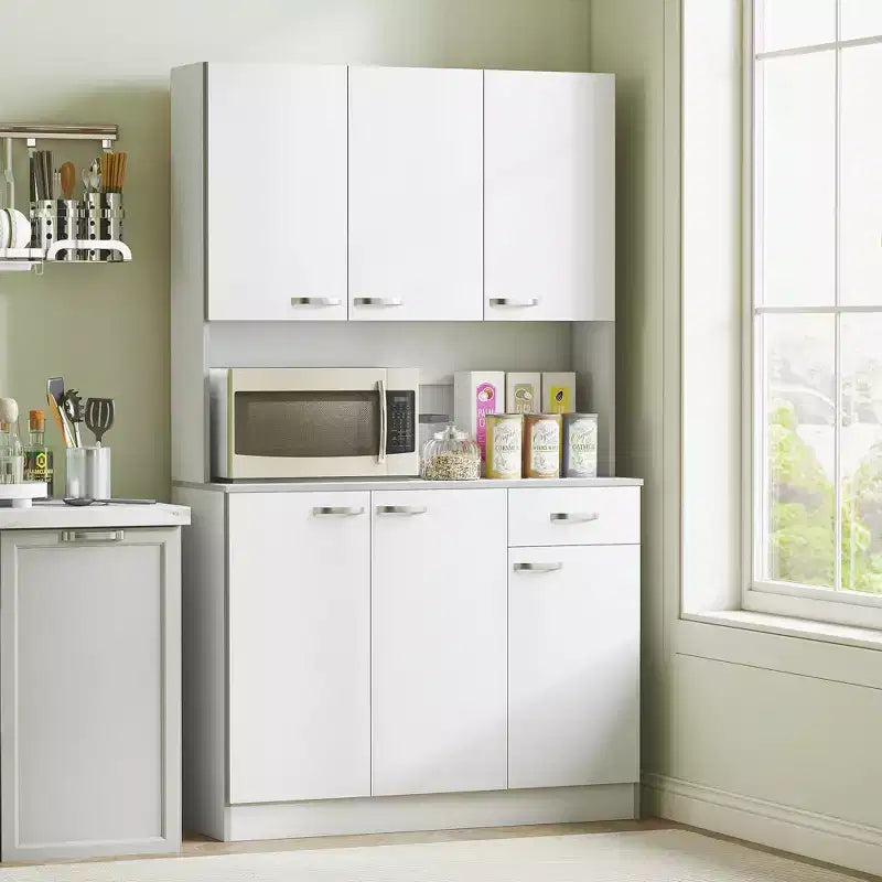Meuble garde-manger de cuisine 71, meuble de rangement haut avec support pour micro-ondes, vaisselier de cuisine moderne, 3 étagères réglables pour le salon ou la salle à manger