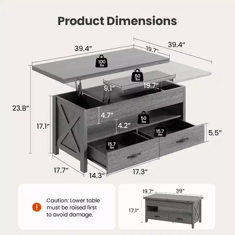 Mesa de centro elevable con espacio de almacenamiento, mesa de centro de estilo rústico, mesa de centro con dos cajones para el salón y la oficina en casa